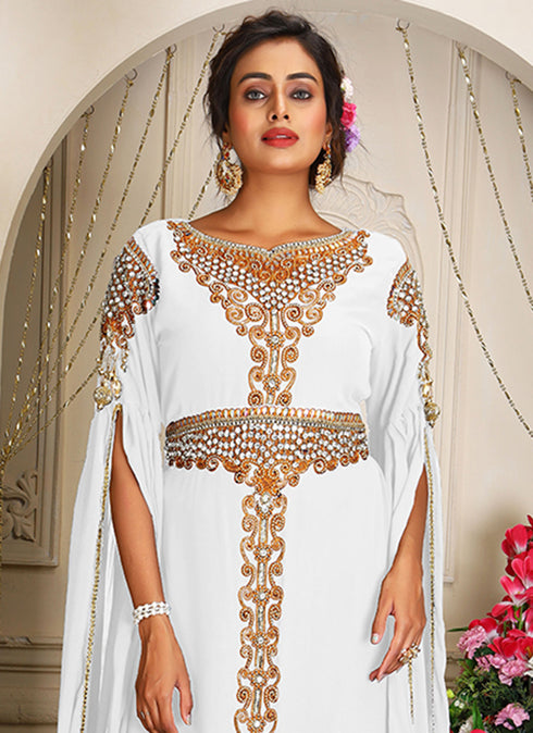 Arabic white georgette islamic modern dubai kaftan