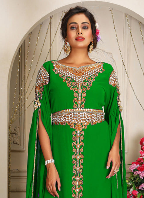 Arabic parrot green georgette islamic modern dubai kaftan