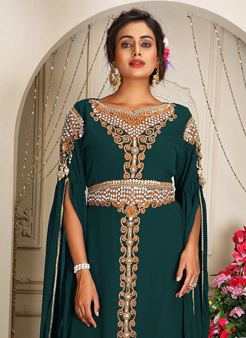 Arabic bottle green georgette islamic modern dubai kaftan