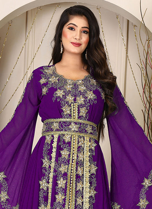 Purple islamic wedding designer arabic maxi hand beaded dubai ladies long sleeve moroccan arabic party wear kaftan
