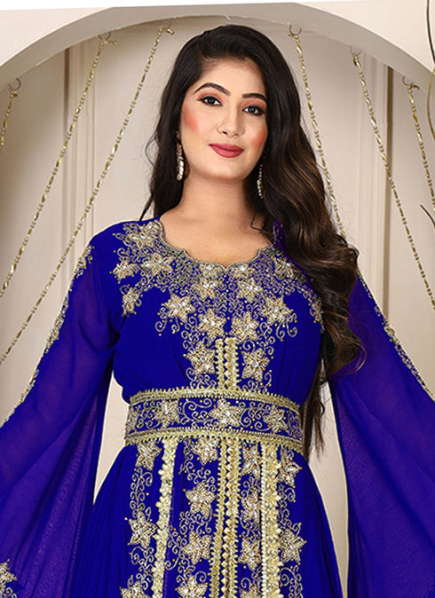 Blue islamic wedding designer arabic maxi hand beaded dubai ladies long sleeve moroccan arabic party wear kaftan