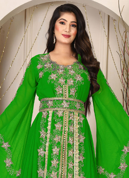 Parrot green islamic wedding designer arabic maxi hand beaded dubai ladies long sleeve moroccan arabic party wear kaftan