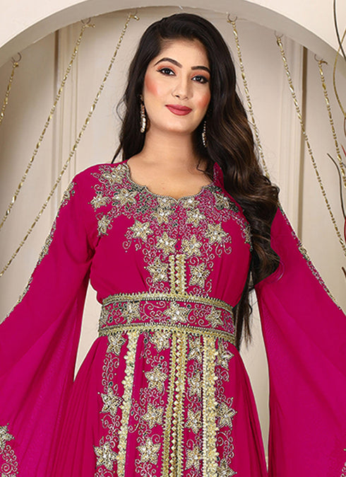 Pink islamic wedding designer arabic maxi hand beaded dubai ladies long sleeve moroccan arabic party wear kaftan