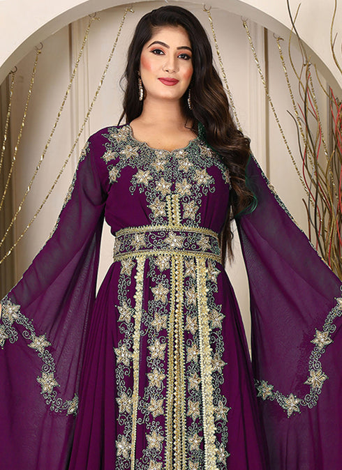 Violet islamic wedding designer arabic maxi hand beaded dubai ladies long sleeve moroccan arabic party wear kaftan