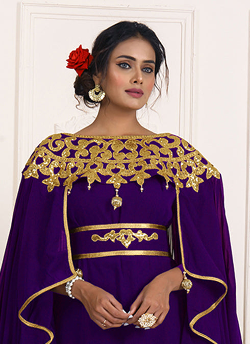Purple Georgette Gold Resham Zari Embroidered Kaftan for Royal Parties