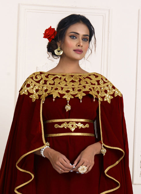 Maroon and gold embroidery israeli dress islamic design kaftan takchita wedding party wear kaftan