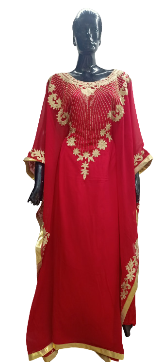 RED ZARI WORK STONES & BEADS EMBELLISH GEORGETTE ISLAMIC STYLE ARABIAN MAXI PARTYWEAR KAFTAN