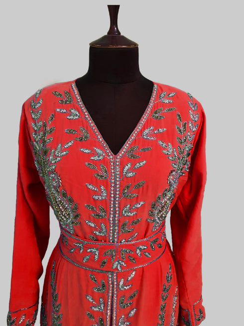 Red color luxurious Full Sleeves Handmade Moroccan Kaftan.