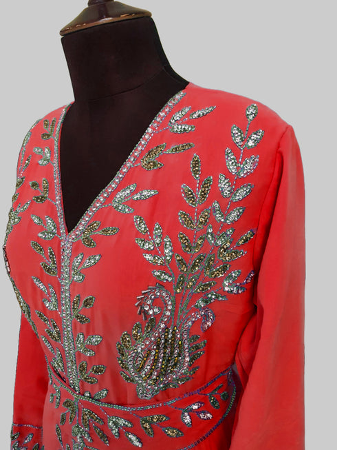 Red color luxurious Full Sleeves Handmade Moroccan Kaftan.