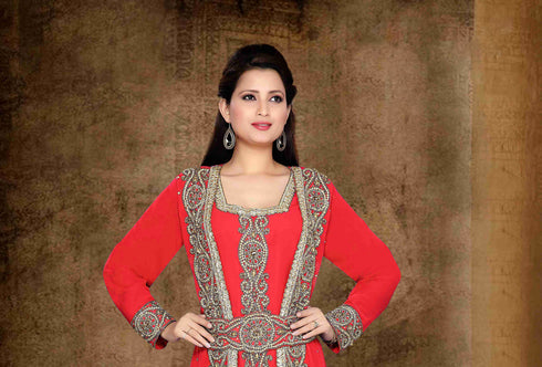 Red color luxurious Full Sleeves Handmade Moroccan Kaftan with hijab