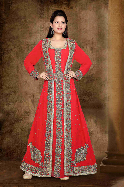 Red color luxurious Full Sleeves Handmade Moroccan Kaftan with hijab