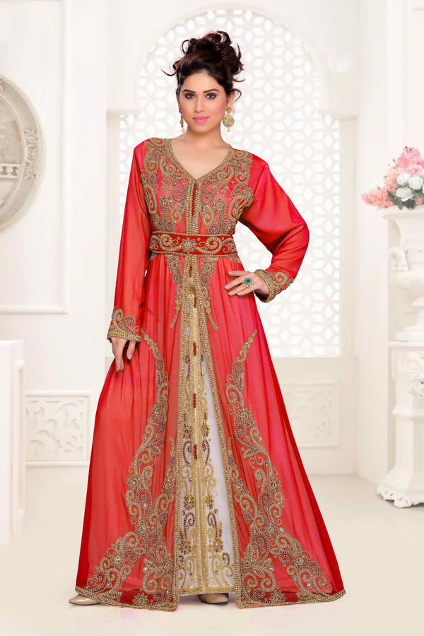 Red luxurious Full Sleeves Handmade Moroccan Kaftan with hijab