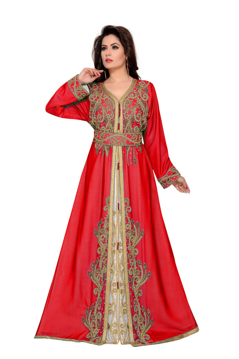 Red & White color luxurious Full Sleeves Handmade Moroccan Kaftan .