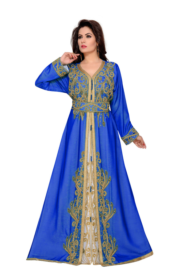 Royal-Blue & White color luxurious Full Sleeves Handmade Moroccan Kaftan .
