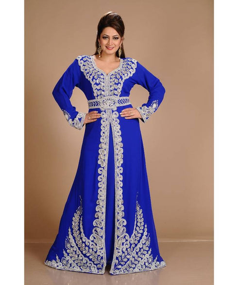 Royal-Blue color luxurious full sleeves Handmade Moroccan Kaftan with Sun-proof hiijab.