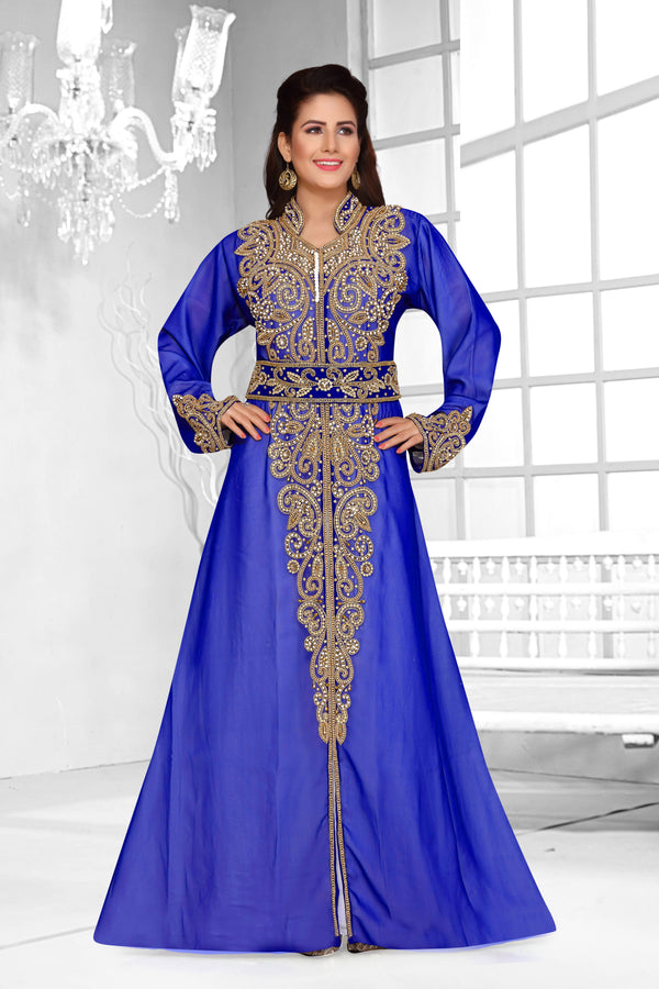 Royal Blue & White color luxurious Full Sleeves Handmade Moroccan Kaftan .