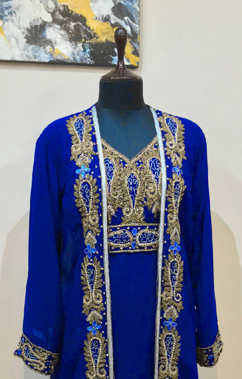 Royal Blue color luxurious Full Sleeves Handmade Two Piece Jacket Style Moroccan Kaftan.