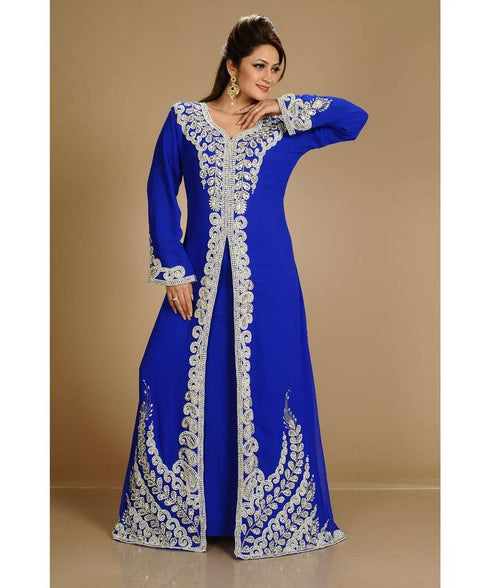 Royal-Blue color luxurious full sleeves Handmade Moroccan Kaftan with Sun-proof hiijab.