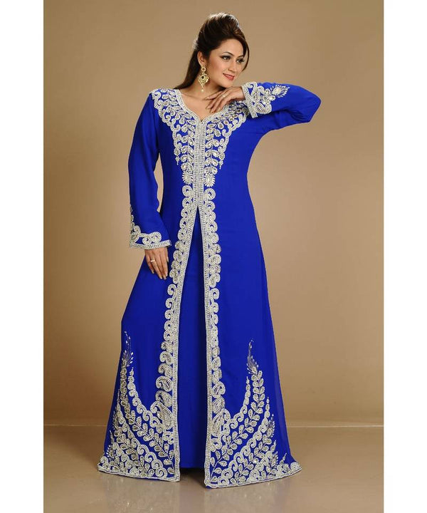 Royal-Blue color luxurious full sleeves Handmade Moroccan Kaftan with Sun-proof hiijab.