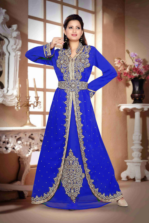 Royal-Blue color luxurious Handmade Moroccan Kaftan with hijjab