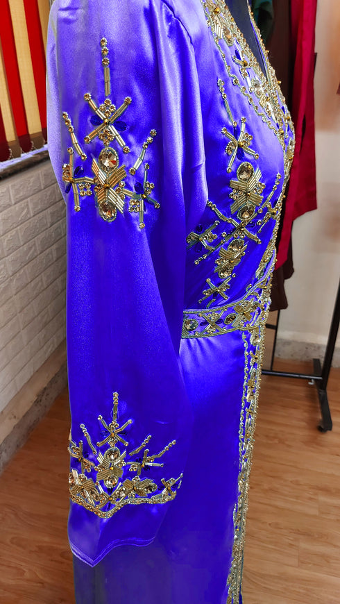 Royal Blue inner light gold color luxurious Full Sleeves Handmade Moroccan Kaftan.