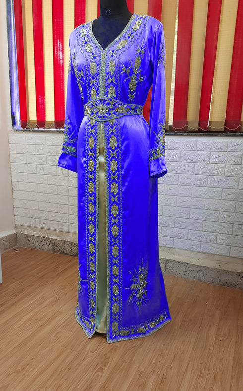 Royal Blue inner light gold color luxurious Full Sleeves Handmade Moroccan Kaftan.