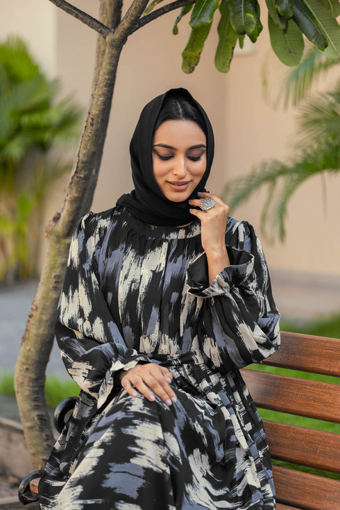 Black FANCY GEORGETTE PRINTED ABAYA