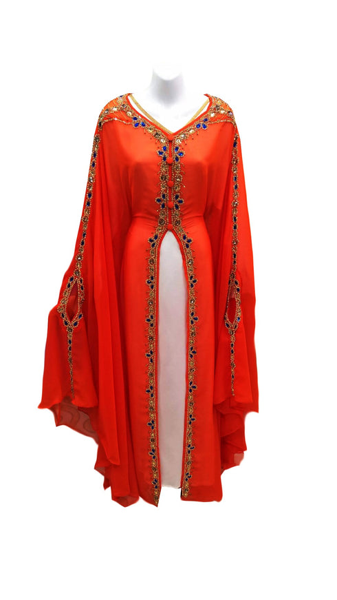 Orange and white georgette embroidered islamic wedding kaftan