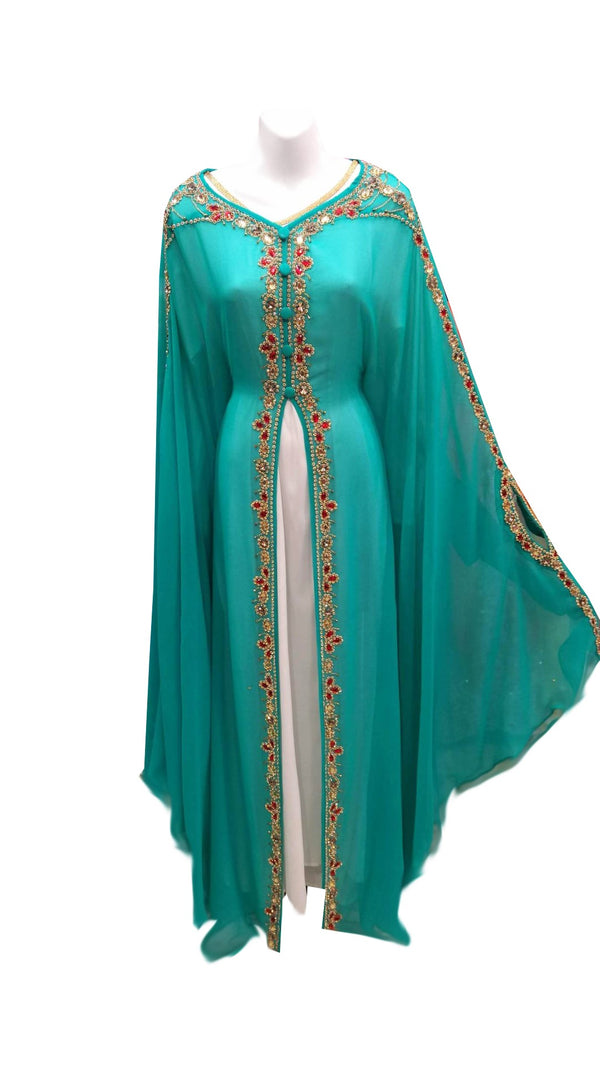 Firozi and white georgette embroidered islamic wedding kaftan
