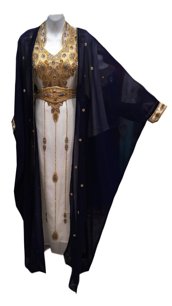Navy blue and white georgette embroidered islamic wedding kaftan