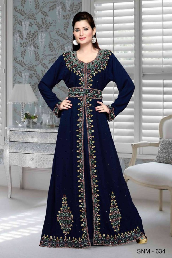 Navy Blue Embroidered Faux Georgette Islamic Kaftan
