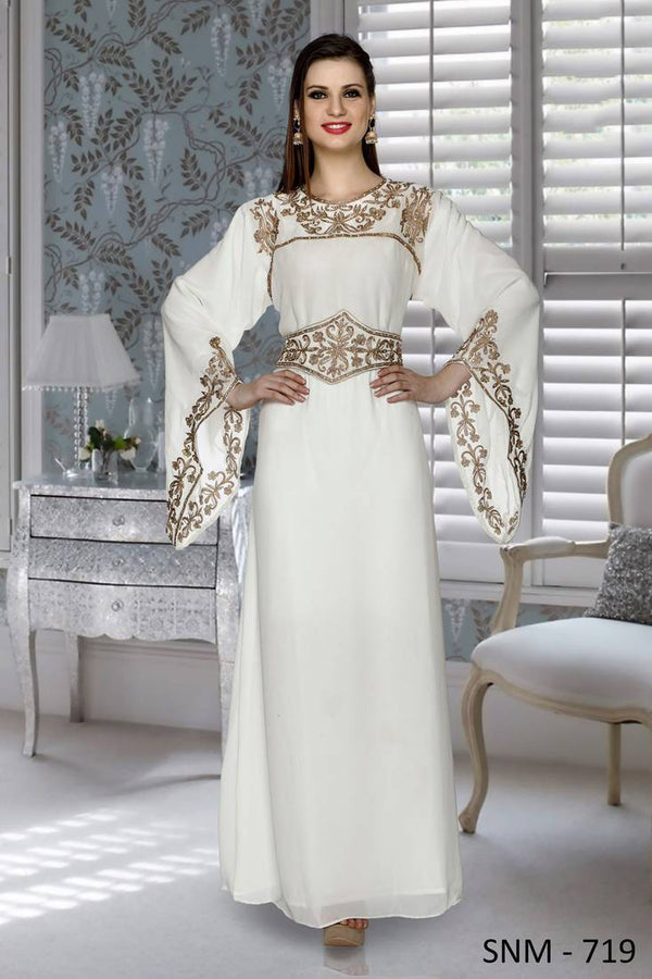 Off White Embroidered Faux Georgette Islamic Kaftans