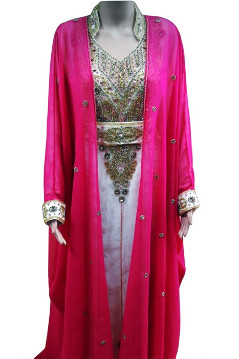 Pink and White Beads and Stone Work Georgette Hand Stiched Arab Moroccan Jacket Kaftan