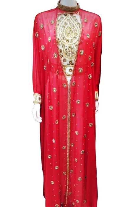 Red and White Beads and Stone Work Georgette Hand Stiched Arab Moroccan Jacket Kaftan