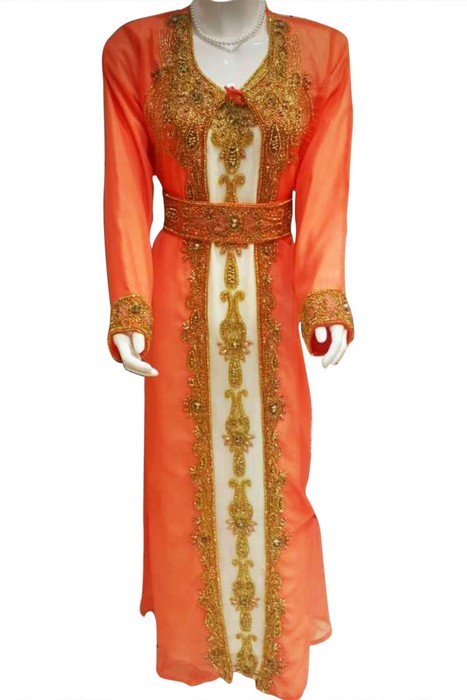 Orange Beads and Stone Work Georgette Hand Stiched Arab Moroccan Kaftan