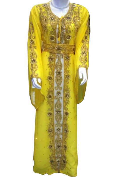 Yellow Beads and Stone Work Georgette Hand Stiched Arab Moroccan Kaftan
