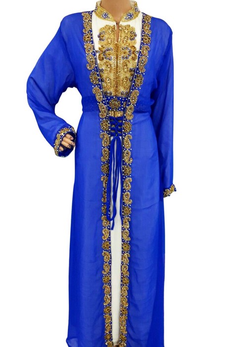 Blue and White Beads and Stone Work Georgette Hand Stiched Arab Moroccan Jacket Kaftan