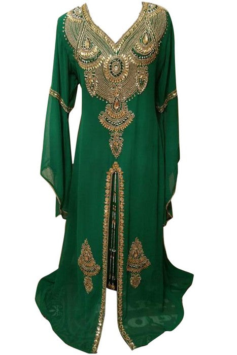 Green Beads and Stone Work Georgette Hand Stiched Arab Moroccan Kaftan