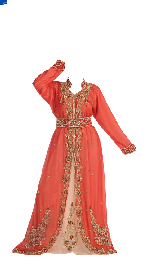 Orange Georgette Kaftan Gown with Zari Work