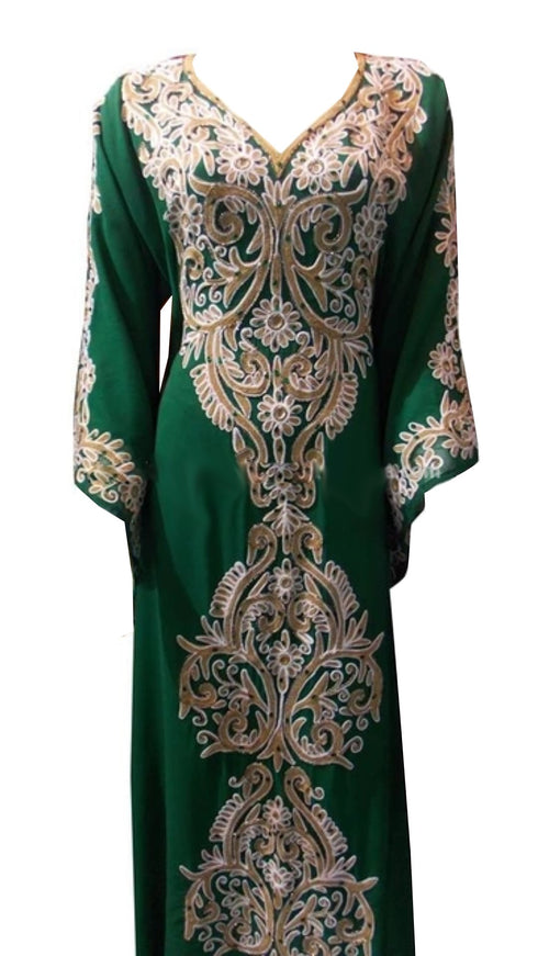 Green Georgette Islamic Kaftan With Machine Work Embroidery