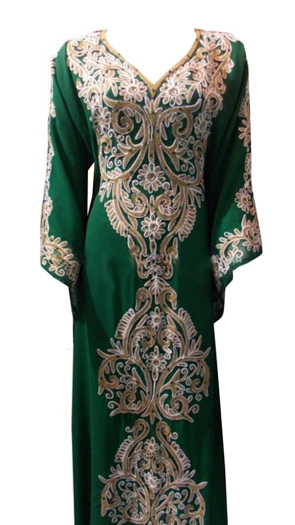 Green Georgette Islamic Kaftan With Machine Work Embroidery