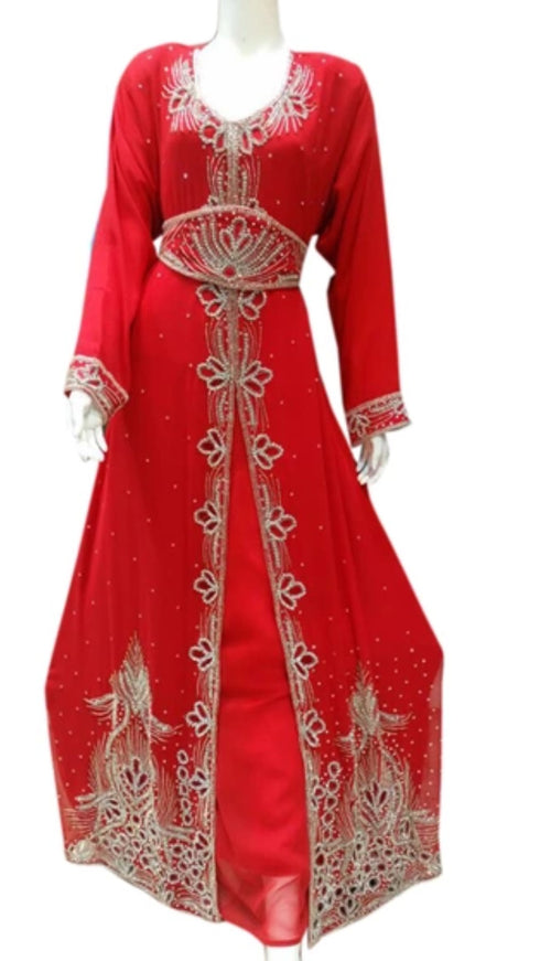 Red Georgette Islamic Kaftan With Zari And Stone Work