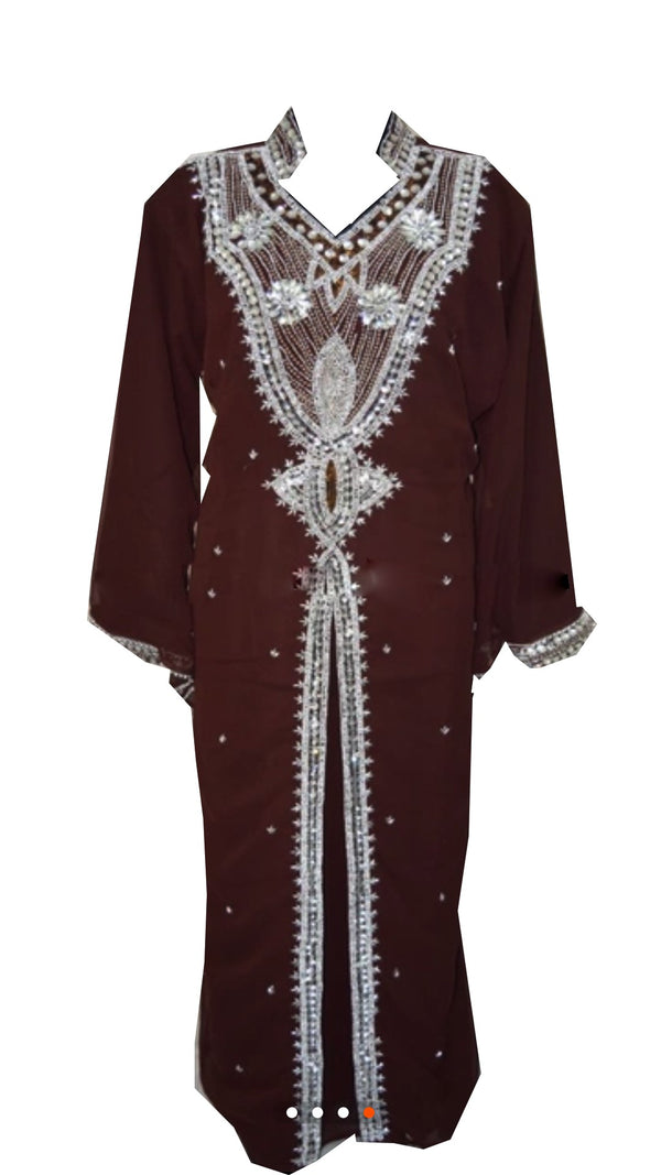 Brown Georgette Islamic Kaftan With Zari And Stone Work