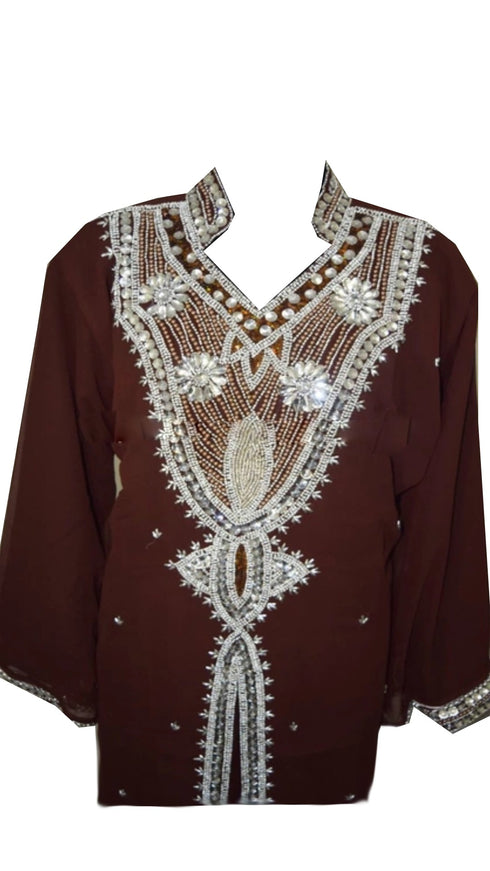 Brown Georgette Islamic Kaftan With Zari And Stone Work