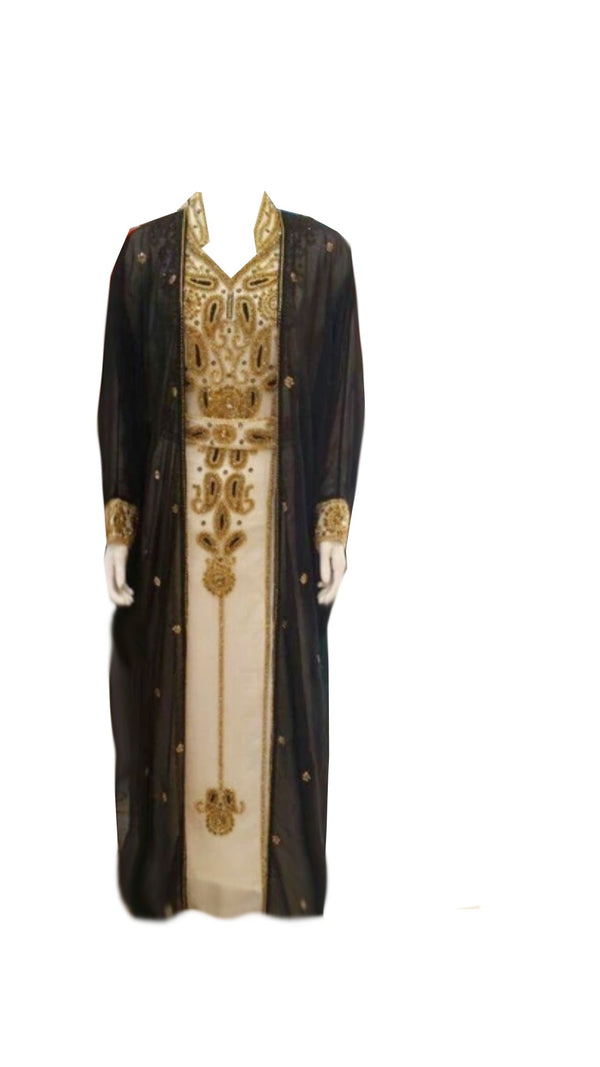 Black And cream Georgette Islamic Kaftan With Zari And Stone Work