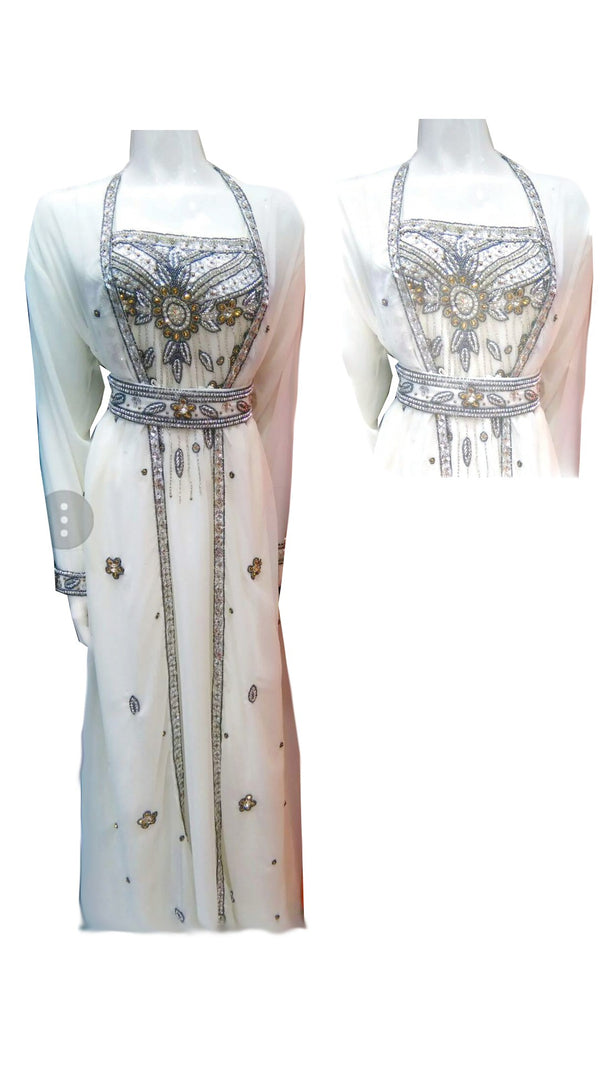 Off white Georgette Islamic Kaftan With Zari And Stone Work