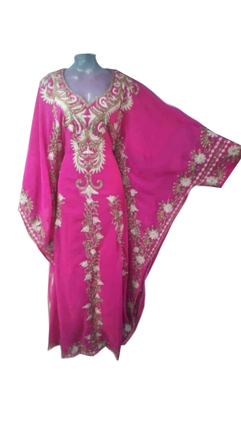 Hot Pink Georgette Kaftan Dress with Golden Zari Work