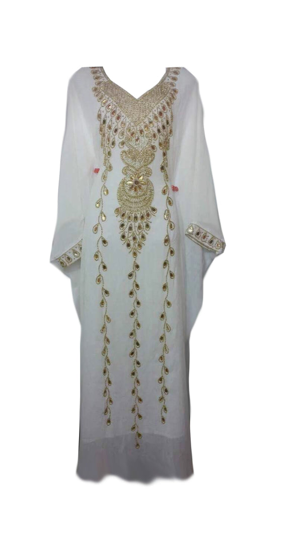 Off White Embroidered Georgette Stitched Islamic Kaftan
