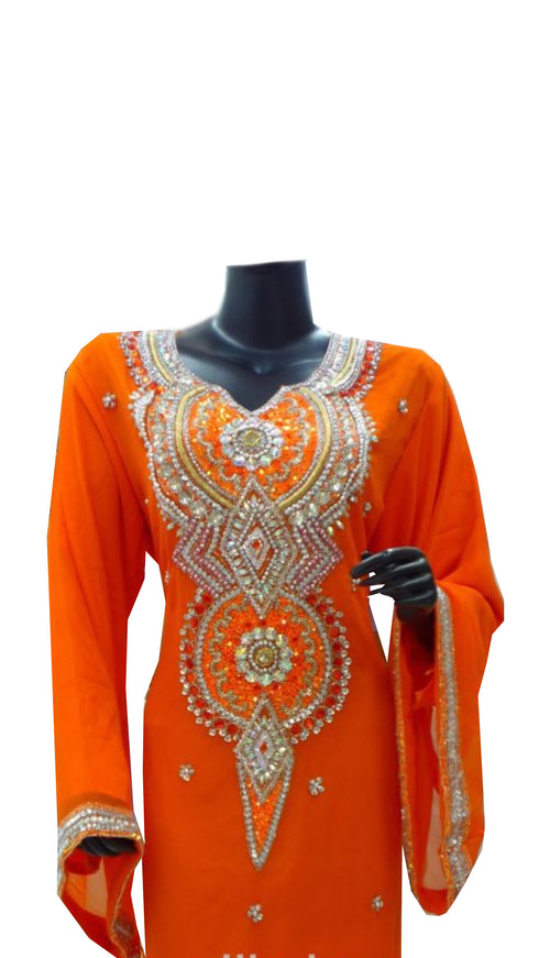 Orange Embroidered Georgette Stitched Islamic Farasha