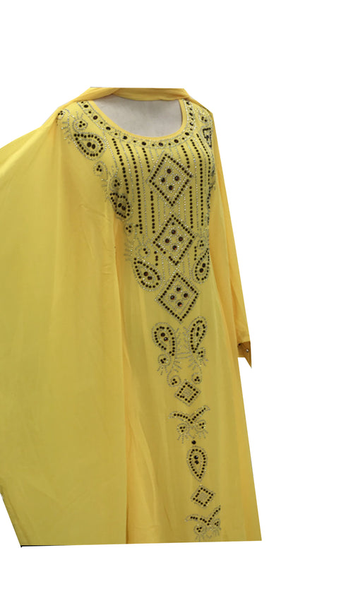 Yellow Embroidered Georgette Stitched Islamic Kaftan